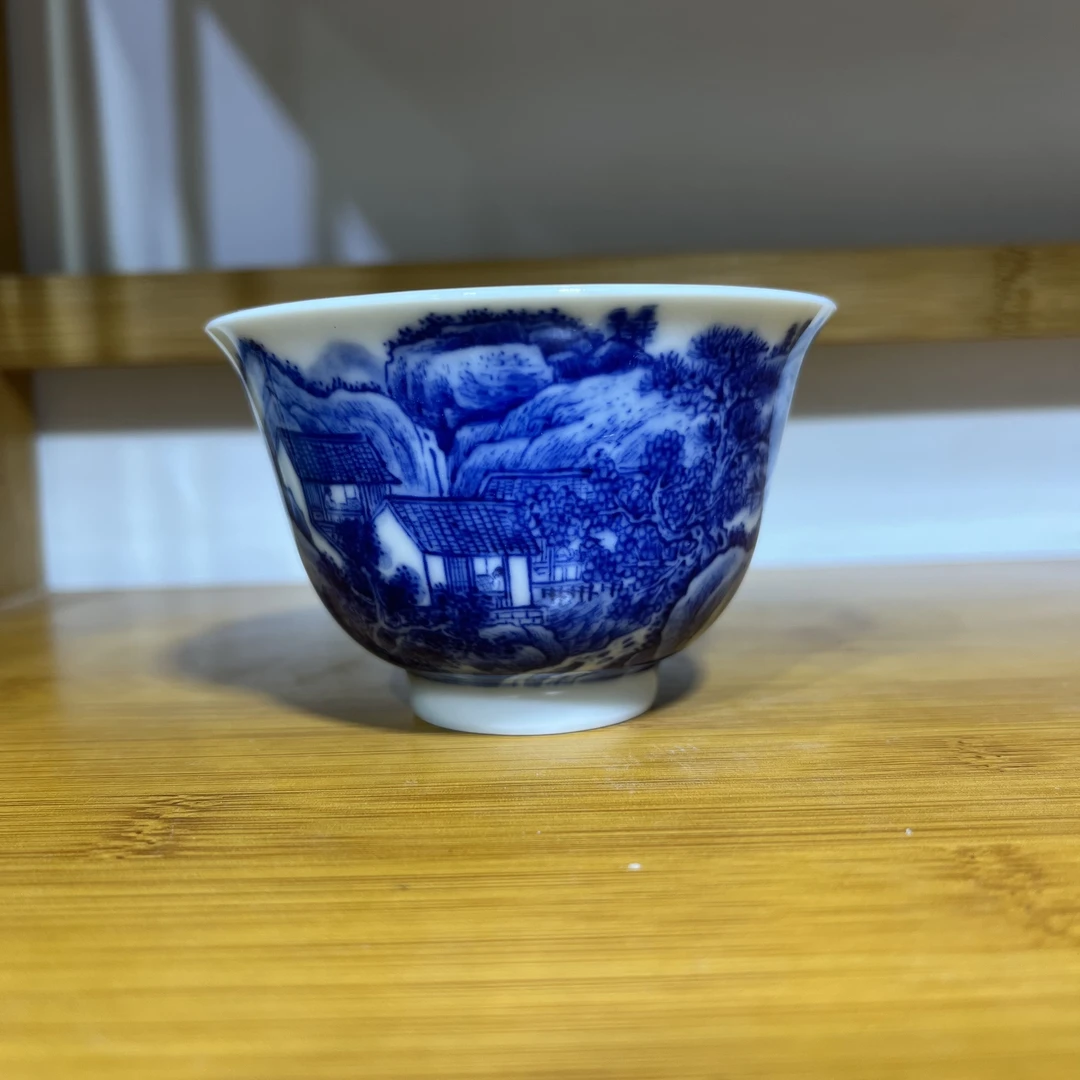 原创手绘青花山水主人杯茶杯手工山水杯品茗杯陶瓷
