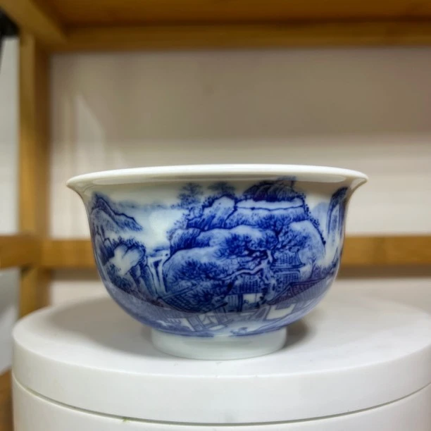 原创手绘青花山水茶杯主人杯品茗杯陶瓷手工