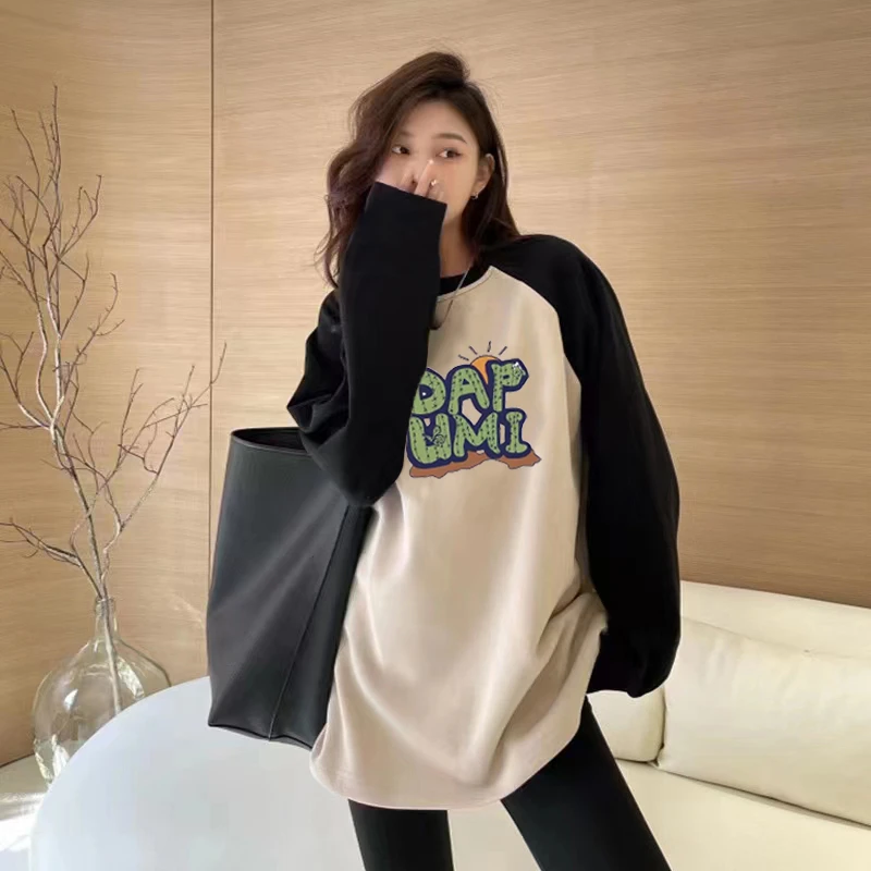 纯棉中长款盖屁股打底衫女春秋搭配鲨鱼裤的上衣拼肩长袖白体t恤