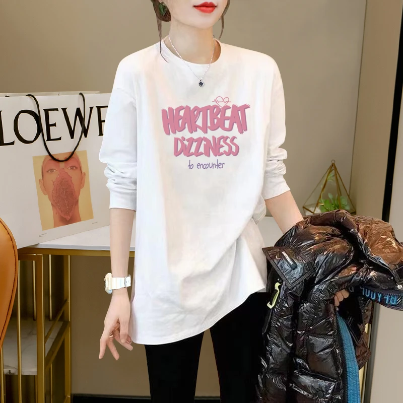中长款宽松纯棉白色长袖遮屁股t恤打底衫女2023春秋叠穿显瘦上衣