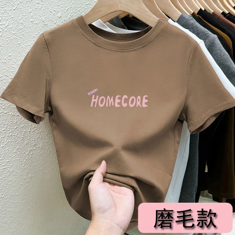 新款磨毛加厚正肩纯棉短袖T恤女上衣圆领春秋打底衫百搭韩版体恤