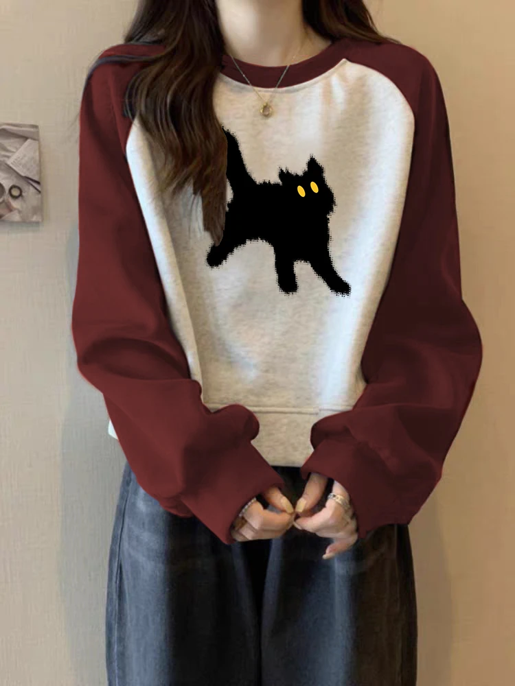 美式短款插肩套头卫衣女秋季早秋小个子薄款内搭长袖打底t恤上衣