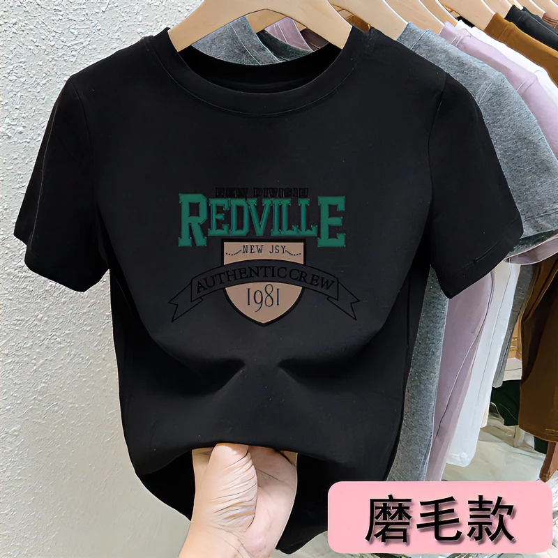 正肩磨毛短袖T恤女休闲百搭加厚上衣短款纯棉ins内搭打底衫春秋季