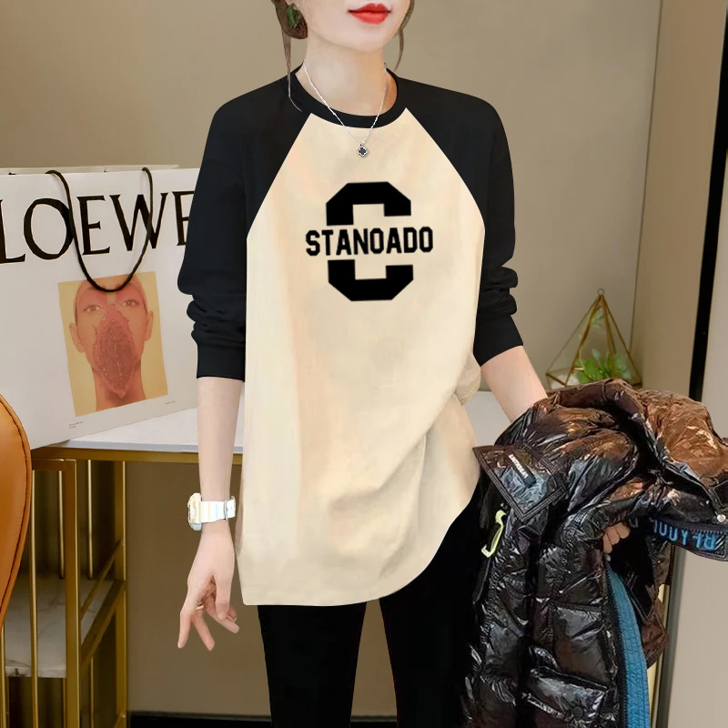 上衣中长款加绒搭配鲨鱼裤的卫衣打底衫女秋冬遮屁股内搭长袖T恤