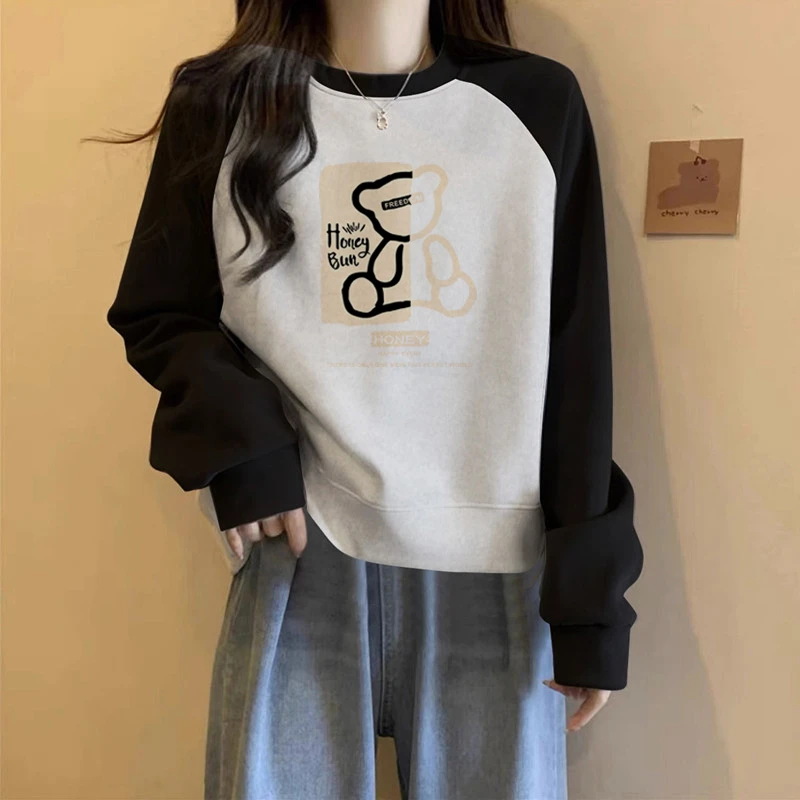 秋冬长袖无帽蓝色小个子圆领短款卫衣女装2023年加绒春秋薄款上衣