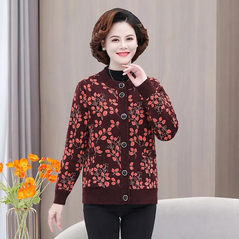 中老年人春秋妈妈外套奶奶毛衣女加绒针织衫开衫秋冬保暖老人衣服