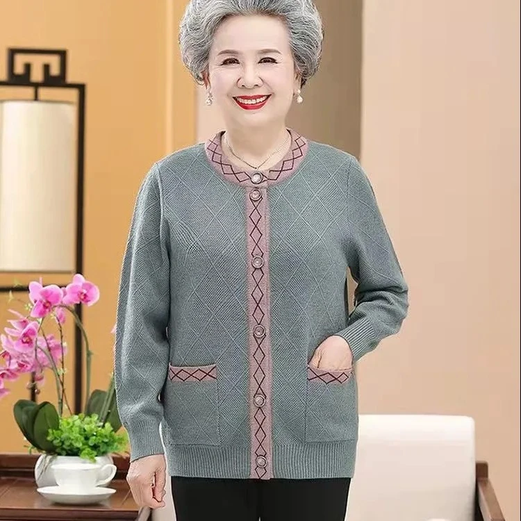 中老年人秋装女奶奶秋冬针织开衫外套加绒老人毛衣太太衣服妈妈装