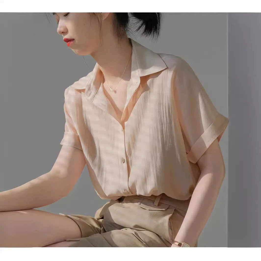 高端宽松短袖衬衫女夏季新款宽松雪纺衫上衣女纯色衬衣法式小个子