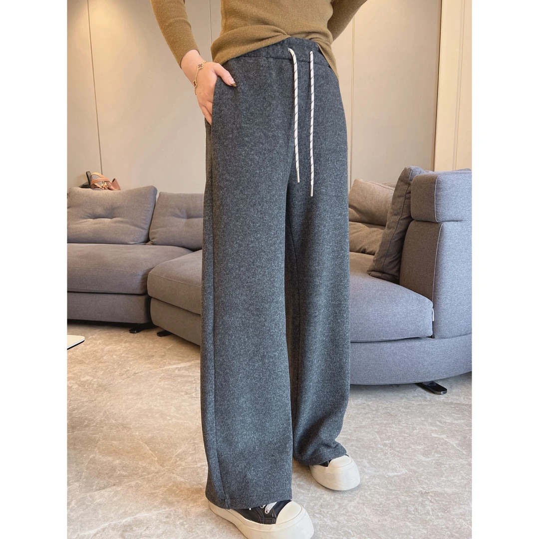 2024新款高腰椰灰复古休闲裤显瘦宽松抽绳休闲阔腿裤女