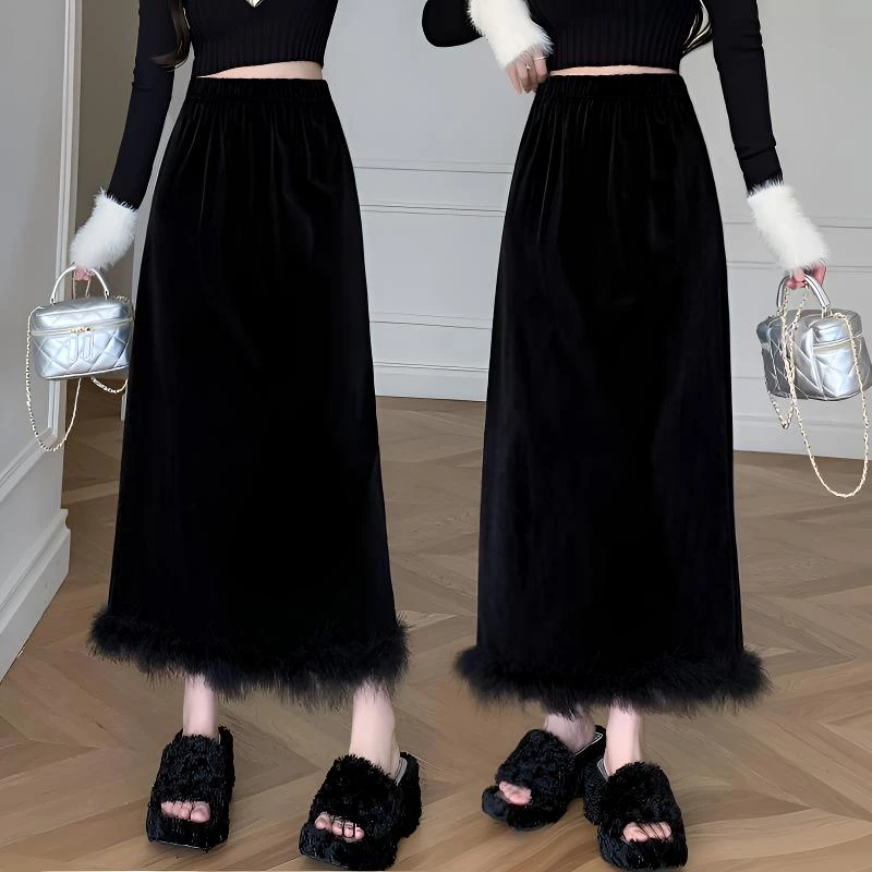 新款黑色气质丝绒半身裙女春秋中长款直筒开叉显瘦洋气韩版包臀裙