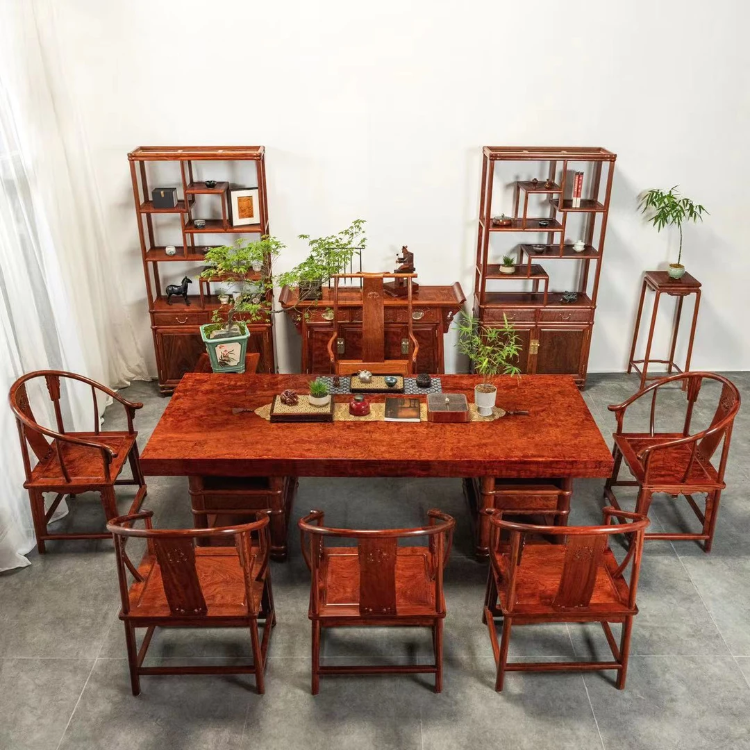 巴花大板茶桌中式茶台会议桌老板办公桌实木大板茶桌茶台水波纹