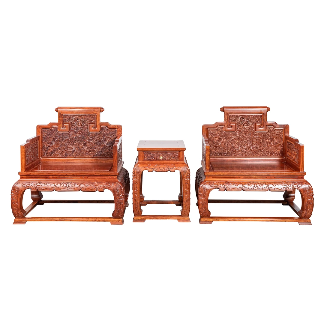 WOODKONG/梧空室界巴花实木古典卷书云龙大宝座三件套