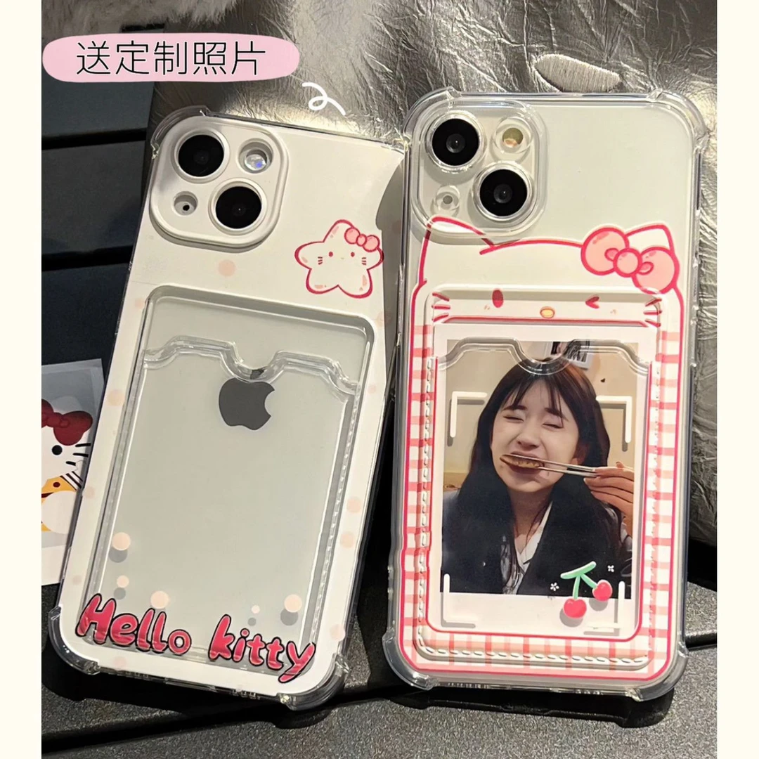 可放照片情侣小卡卡套插卡星星kitty猫可爱手机壳适用苹果15安卓