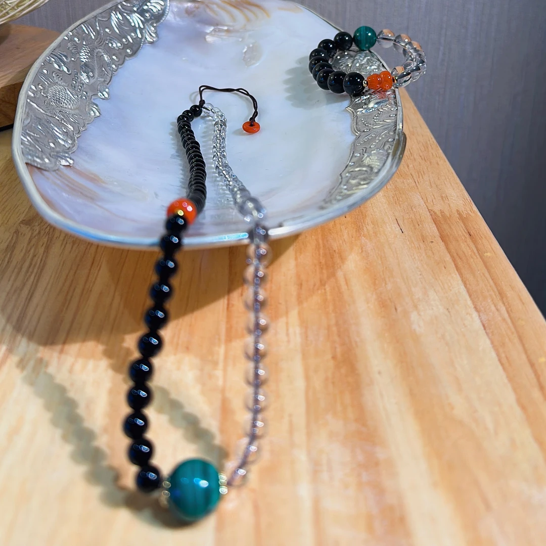 毫无畏惧白水晶黑曜石项链手串套组