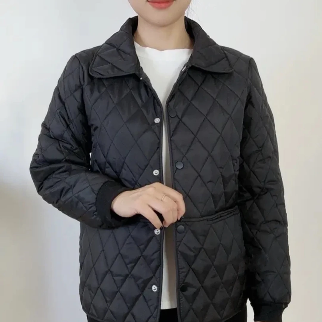 2024最新款女士轻薄春秋菱形格棉服外套大码宽松翻领时尚休闲百搭