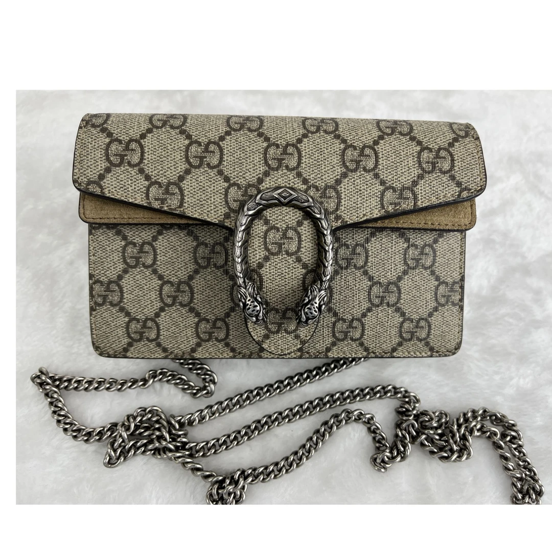 95新 GUCCI/古驰 98新/古驰酒神/mini/拼老花/经典/单肩包/卡其色