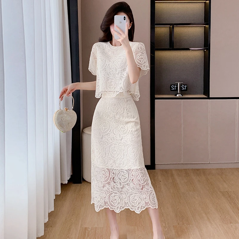 夏季法式复古浪漫名媛气质白色蕾丝上衣中长款包臀半身裙两件套装