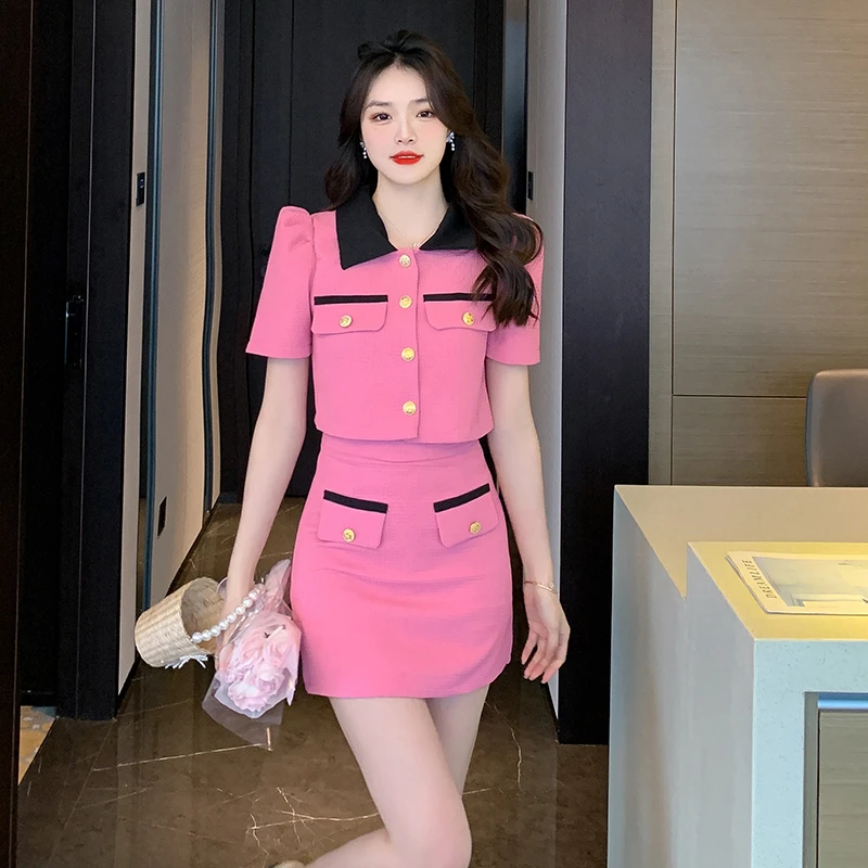 法式甜美减龄小香风套装女短袖衬衫女装夏季包臀短裙半身裙两件套