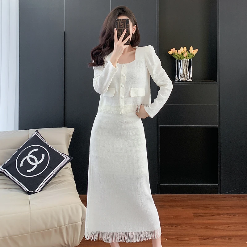 欧货方领流苏小香风上衣两件套女2025早秋新款高腰包臀半身裙套装