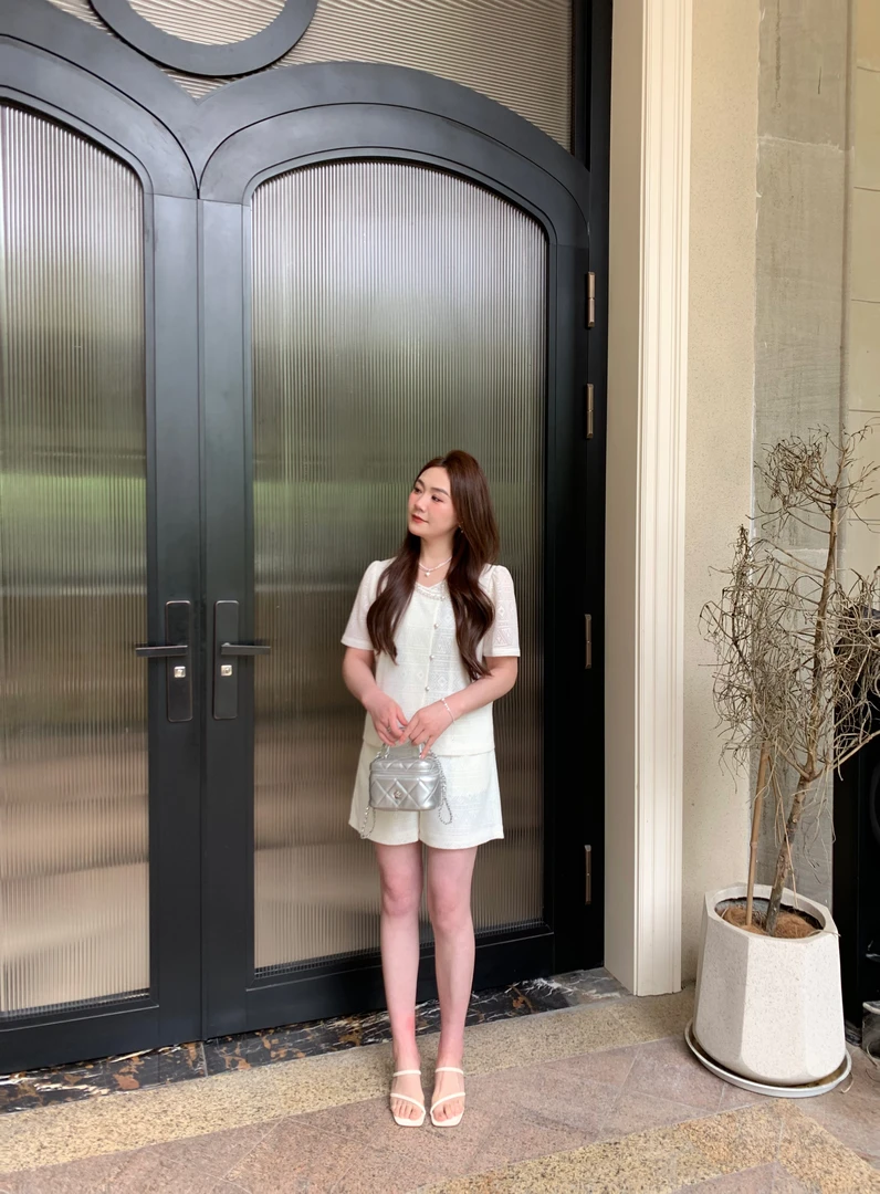 NANJIE/楠姐【漫日微光】优雅镂空开衫短袖女夏季短裤套装NJ8010