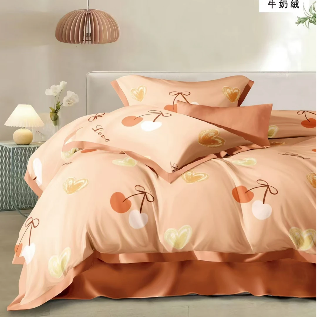2.0*2.3米牛奶绒四件套亲肤印花简约小清新