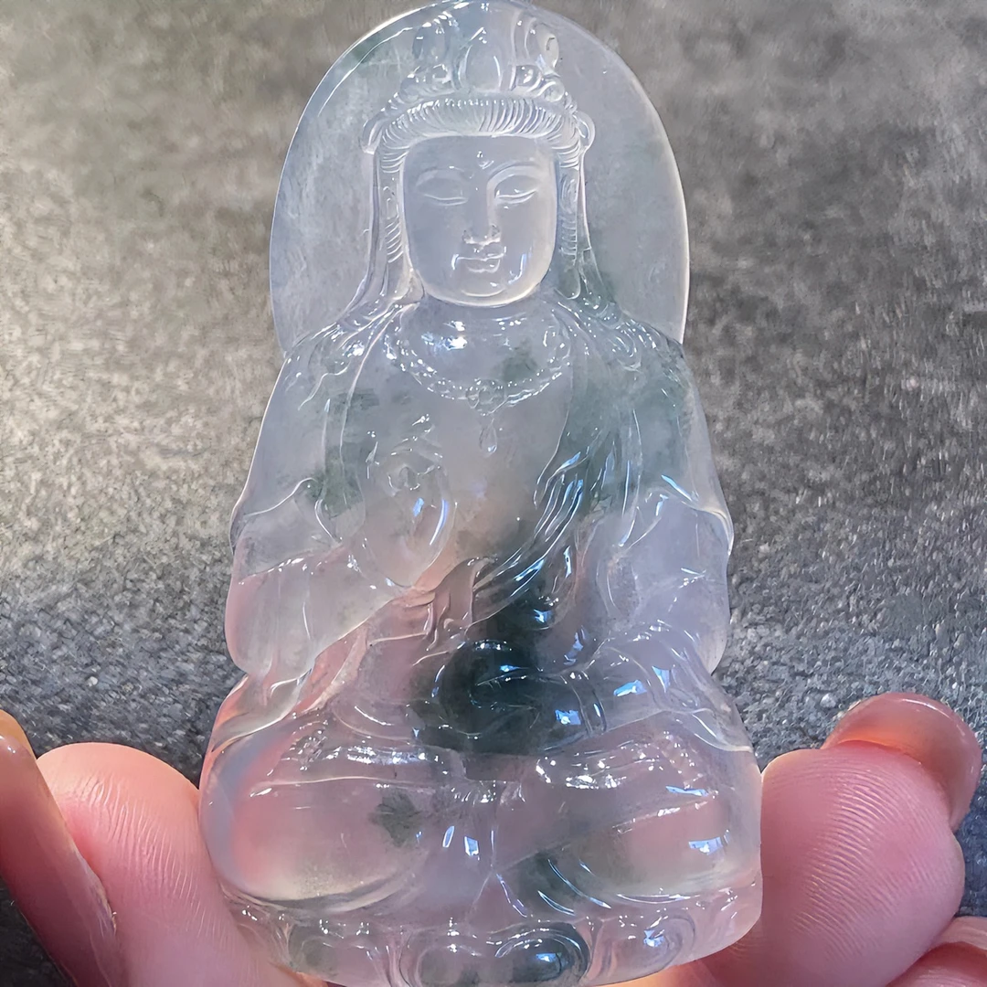 【夏阳翡翠】缅甸天然A货翡翠冰透飘彩自在观音