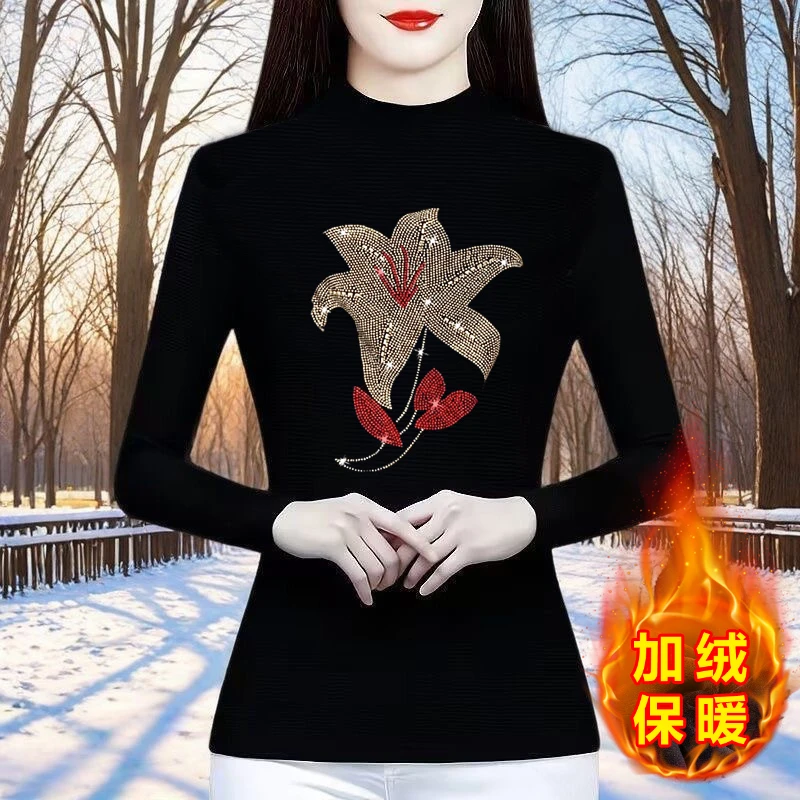 加绒保暖秋冬打底衫黑色半高领上衣大码遮肚子气质长袖减龄小衫女