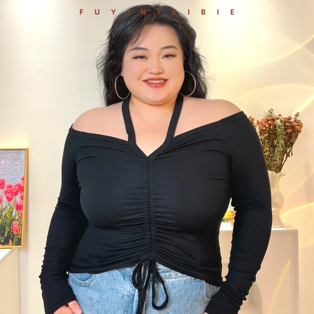 【福饮沸别专属】黑色大码春夏贴身挂脖抽绳女上衣 1016