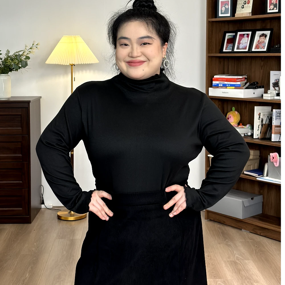 【福饮沸别】秋冬显瘦大码上衣纯色木耳边半高领内搭打底衫108