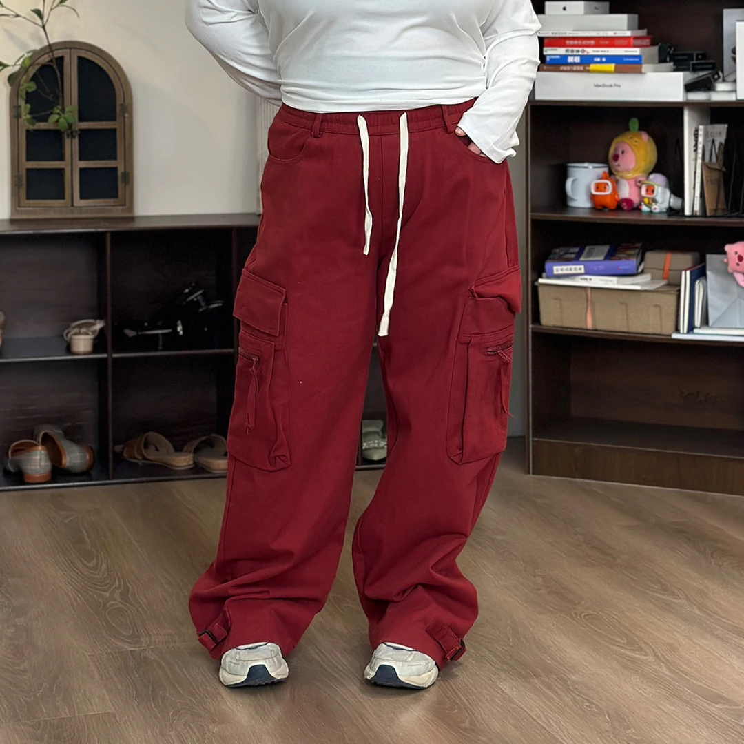 【福饮沸别】大码女裤红色宽松休闲舒适显瘦直筒潮流工装裤Z2056