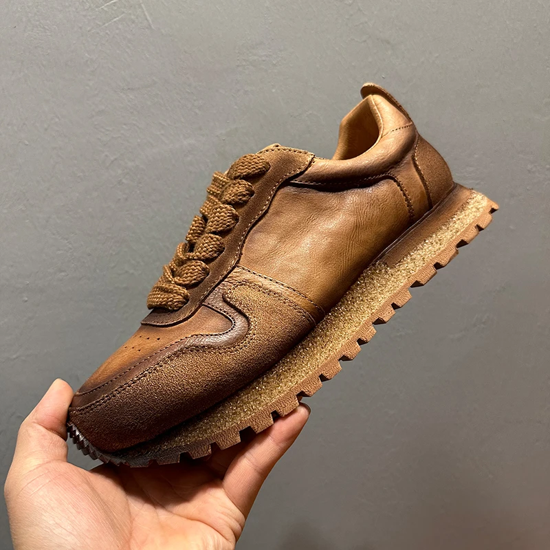 日系真皮时尚板鞋2023冬季新款潮流复古阿甘鞋擦色系带男士休闲鞋