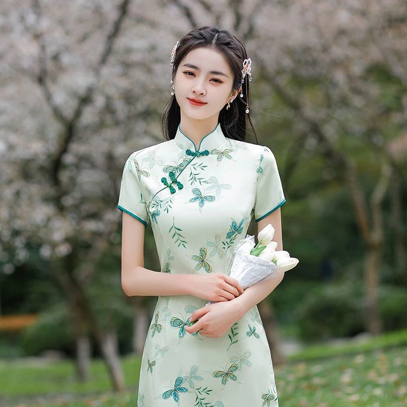 2025夏季新款淑女气质开叉短旗袍小个子新中式连衣裙遮肚改良旗袍