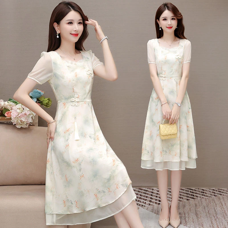 新中式旗袍印花连衣裙女夏季2025新款修身收腰显瘦过膝a字裙