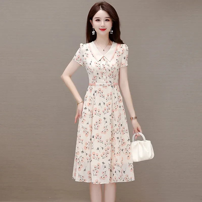 高端精致洋气质端庄大气小个子娃娃领碎花雪纺纱料连衣裙夏季减龄