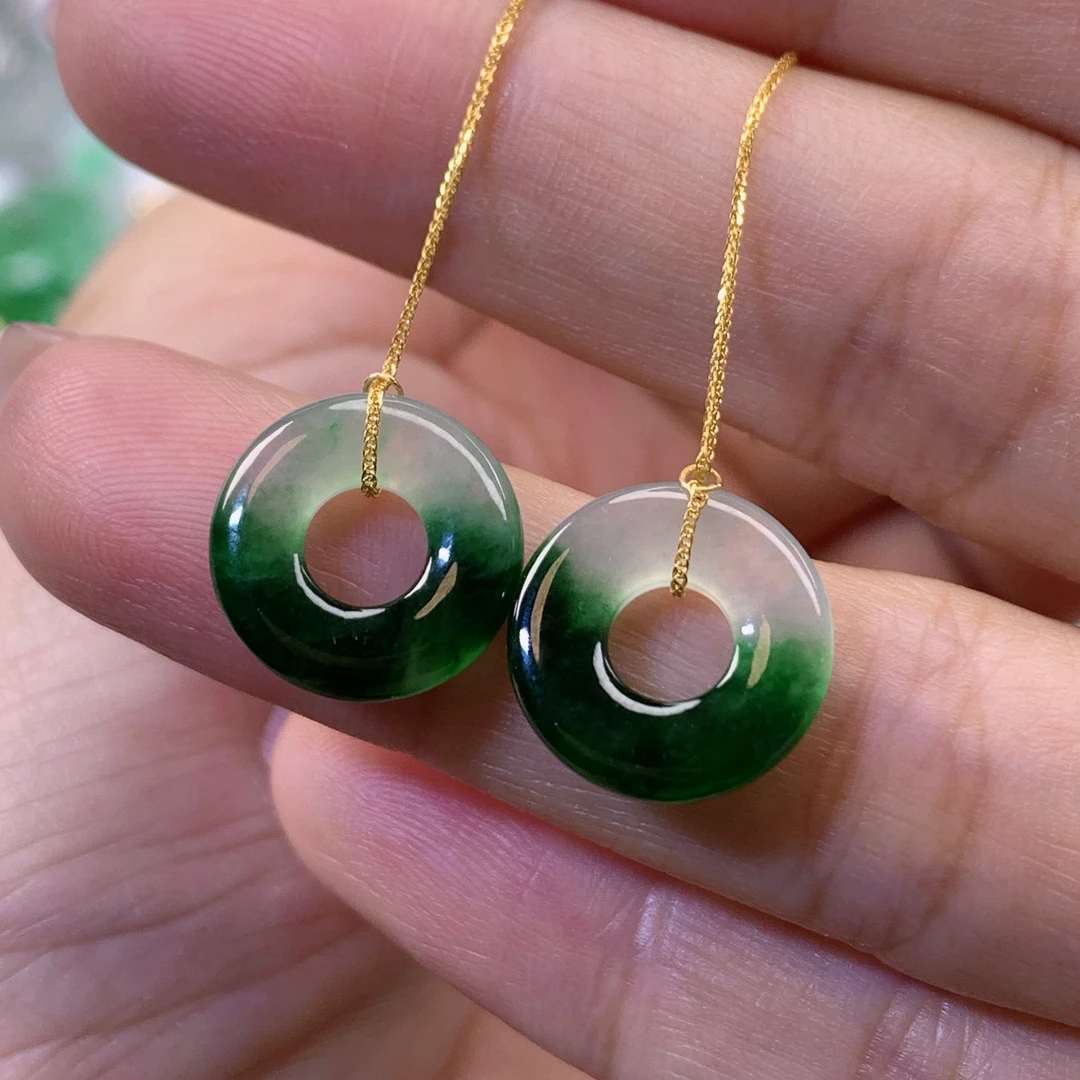 缅甸天然翡翠a货18k金冰绿甜甜圈耳坠12.9×2.7