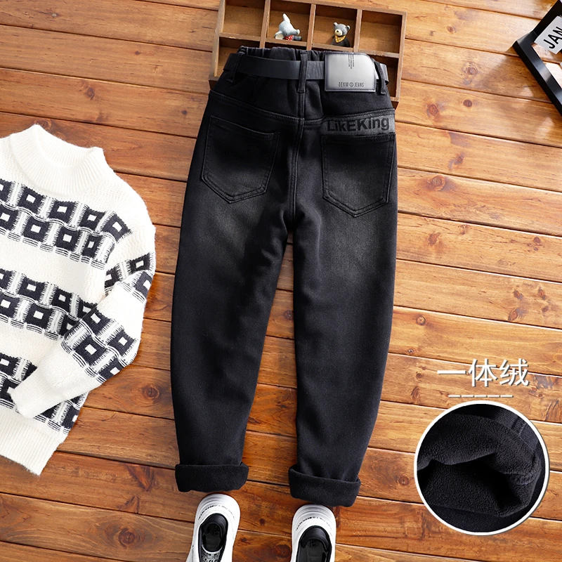 男童黑色瘦版加绒牛仔裤儿童冬款加厚长裤小脚裤中大童一体绒裤子