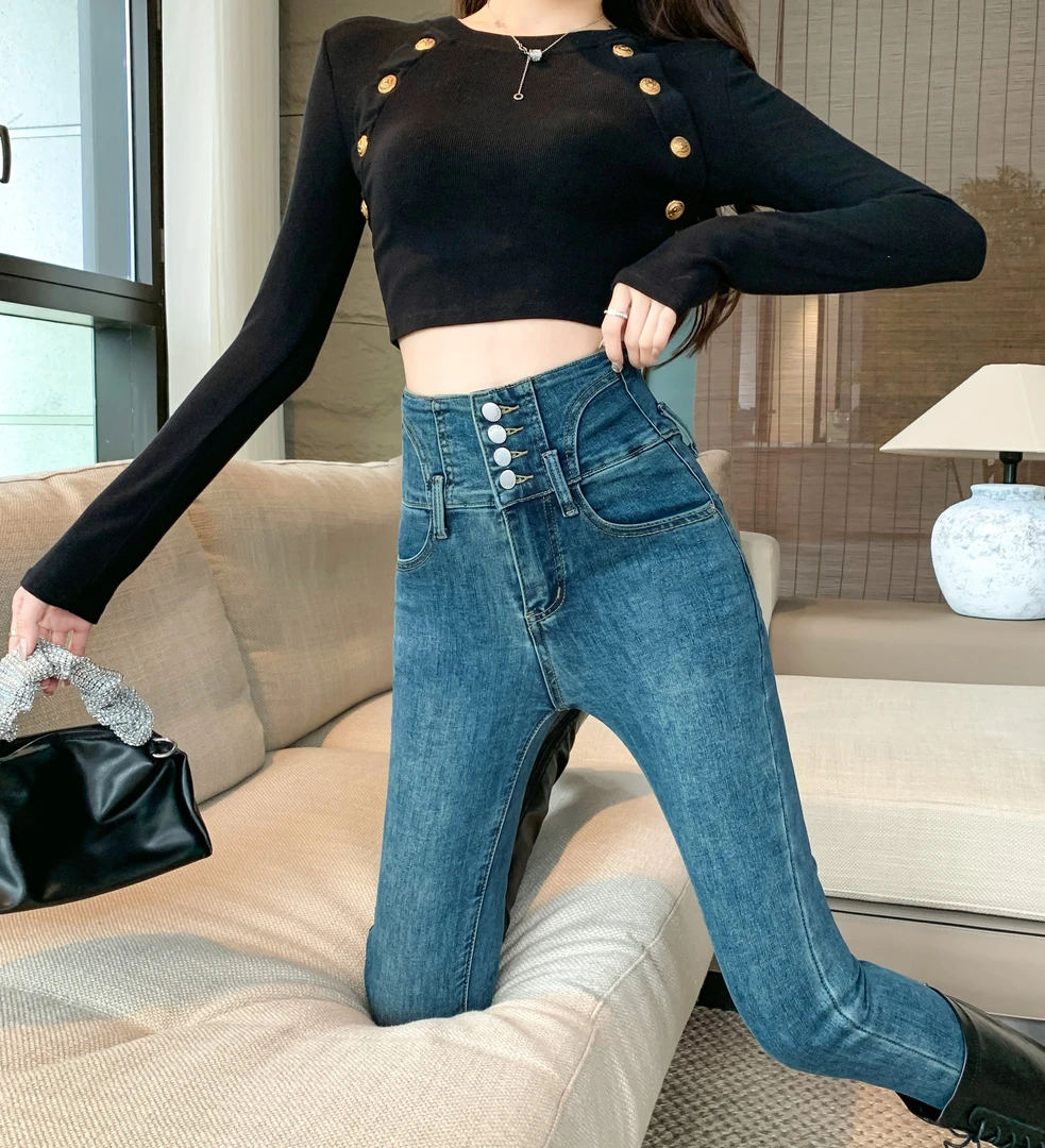 高腰牛仔裤女2025年秋冬加绒加厚新款修身显瘦紧身铅笔裤小个子