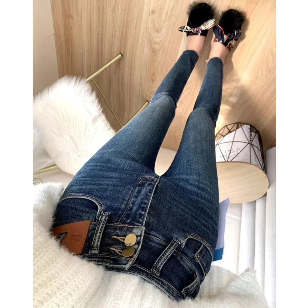 721宫廷小香风加绒高腰加绒九分小脚裤秋冬宝暖显瘦不臃肿牛仔裤