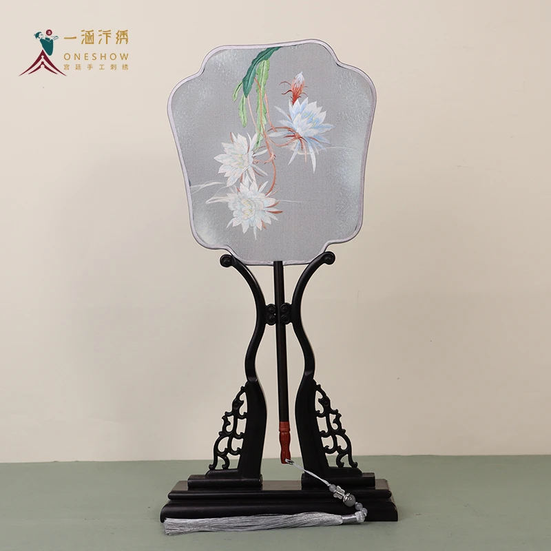 一涵昙花手工刺绣双面绣艺术团扇摆件国风汉服团扇苏绣团扇伴手礼