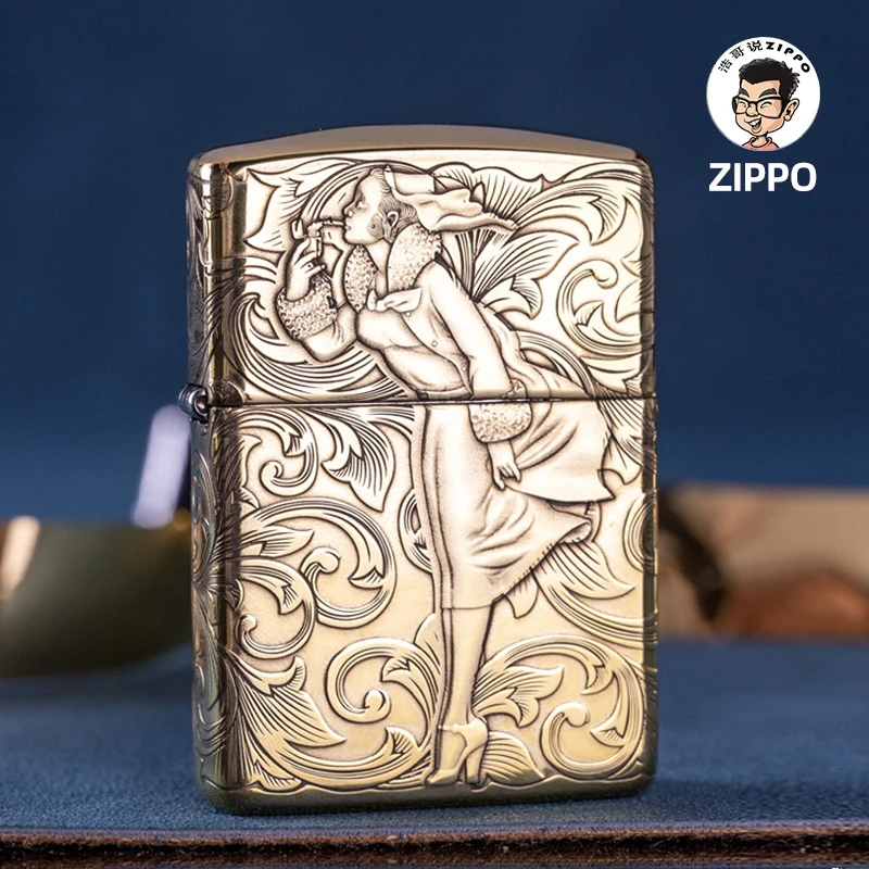 ZIPPO蚊版风中女郎木盒黄铜DIY男士个性煤油防风打火机送男友好礼