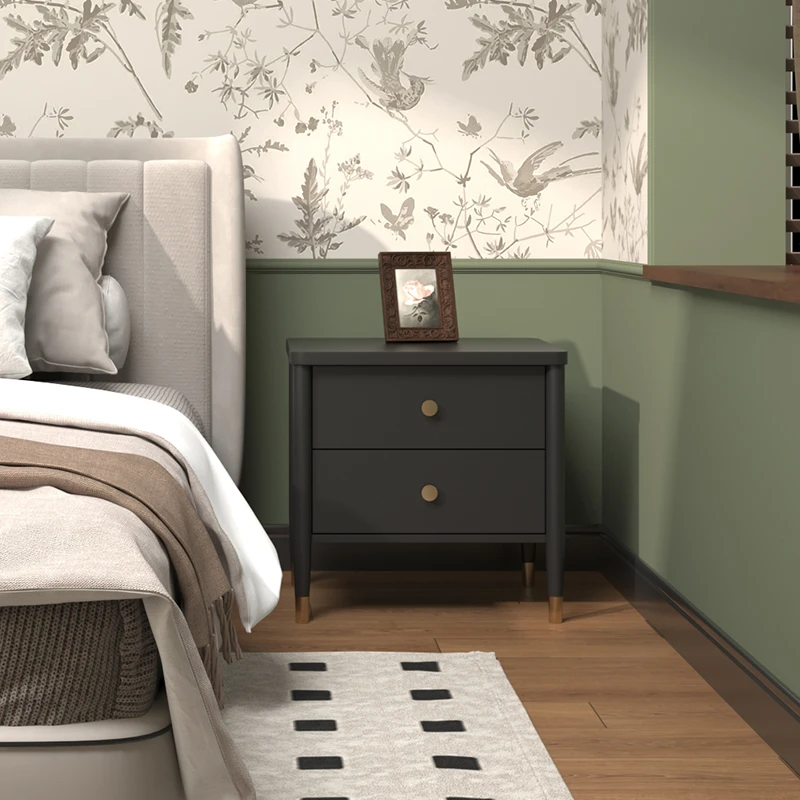 美式复古床头柜卧室床边柜黑色法式小型家用卧室二斗柜抽屉收纳柜