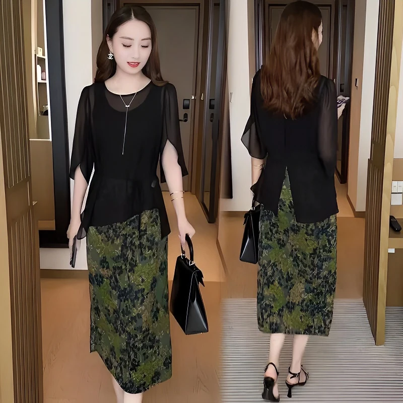 爆款宽松上衣女大码中长款遮肚子显瘦黑色中袖雪纺衫夏季外穿小衫