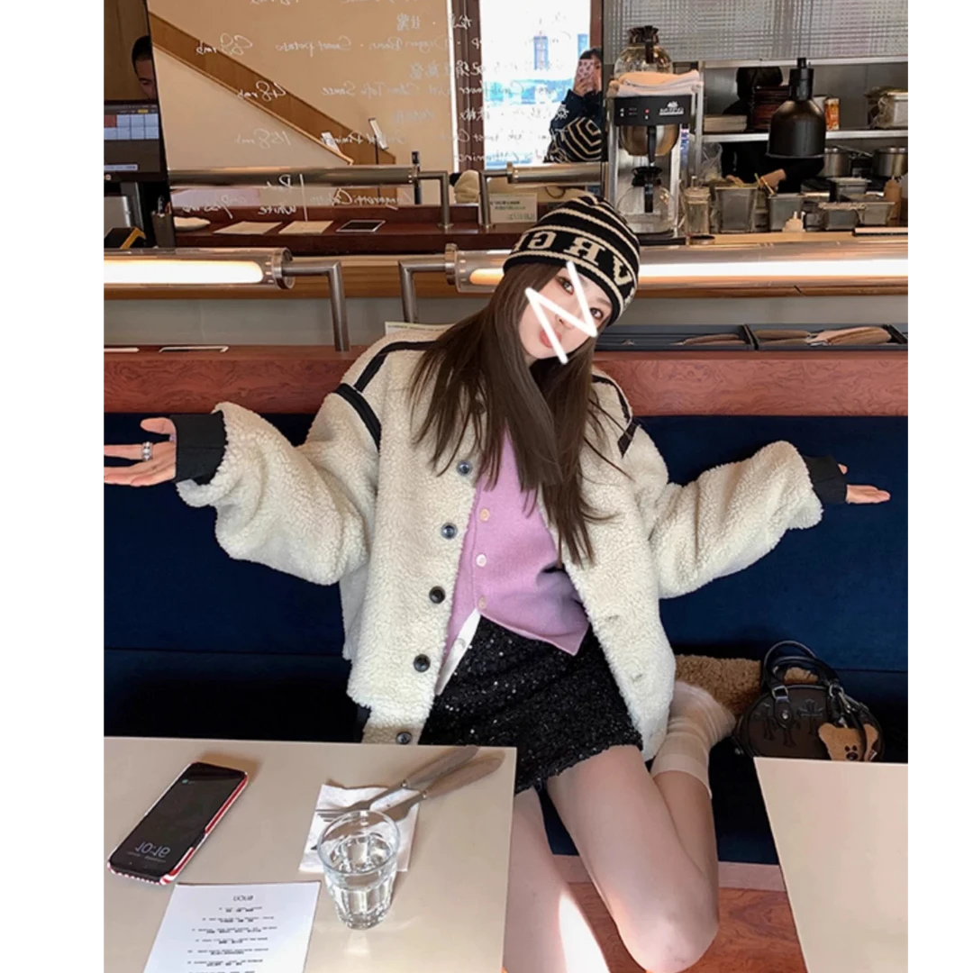 【青苍现货】杏色休闲复古毛毛外套短款显高加厚保暖上衣