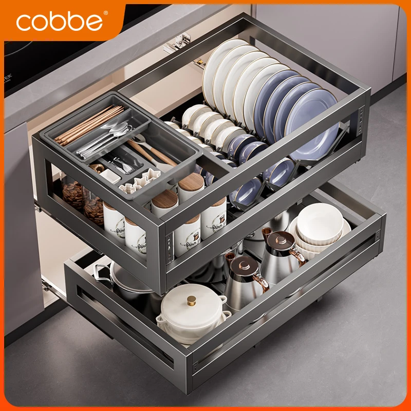 卡贝枪灰加固拉篮厨房橱柜两层调味加厚抽屉式碗篮碗碟架收纳碗架