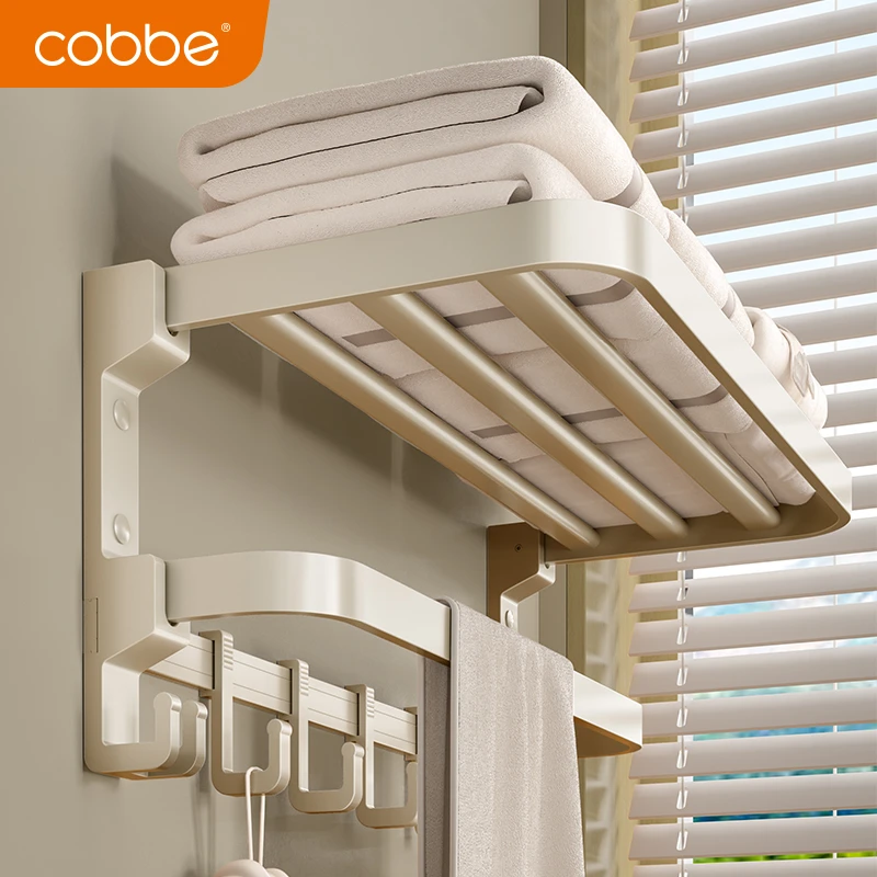 卡贝免打孔奶白浴巾架折叠实心加固浴室毛巾架壁挂式卫生间置物架