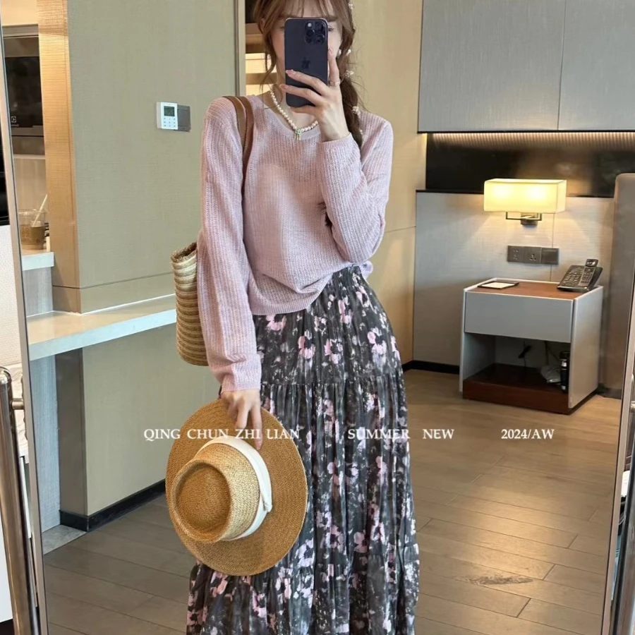 T004【赵老板专属】2024夏季套装长袖T恤碎花半身裙两件套连衣裙