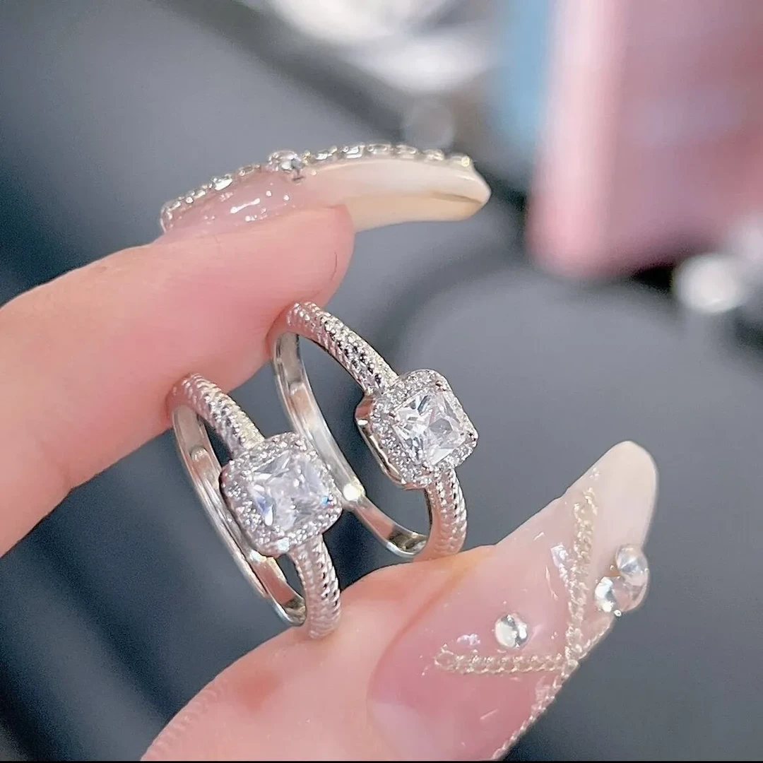 足银合成锆石戒指 990小方糖戒指女款小众轻奢时尚可调节百搭戒指