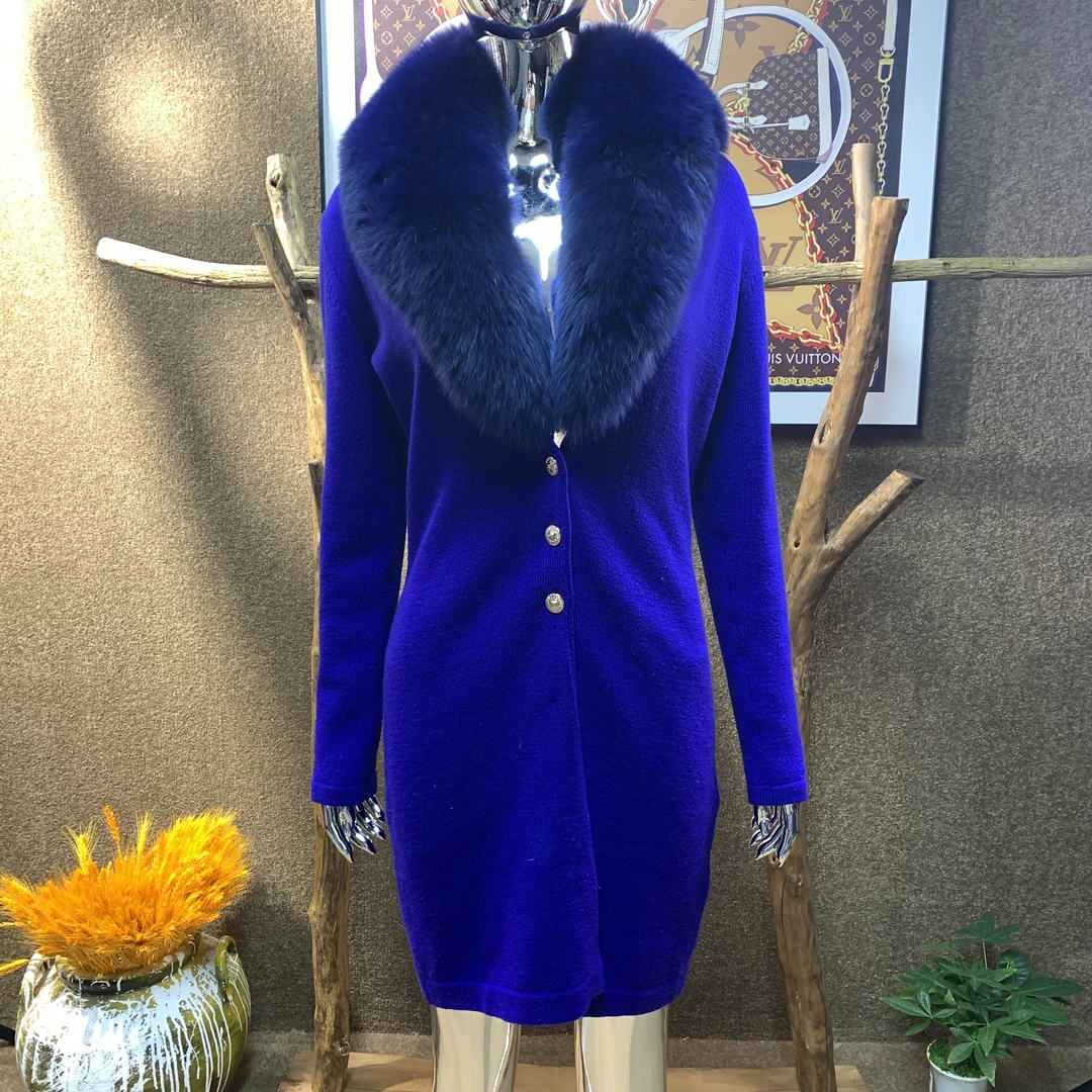 99新 VERSACE/范思哲 紫色毛领羊毛针织外套 40码