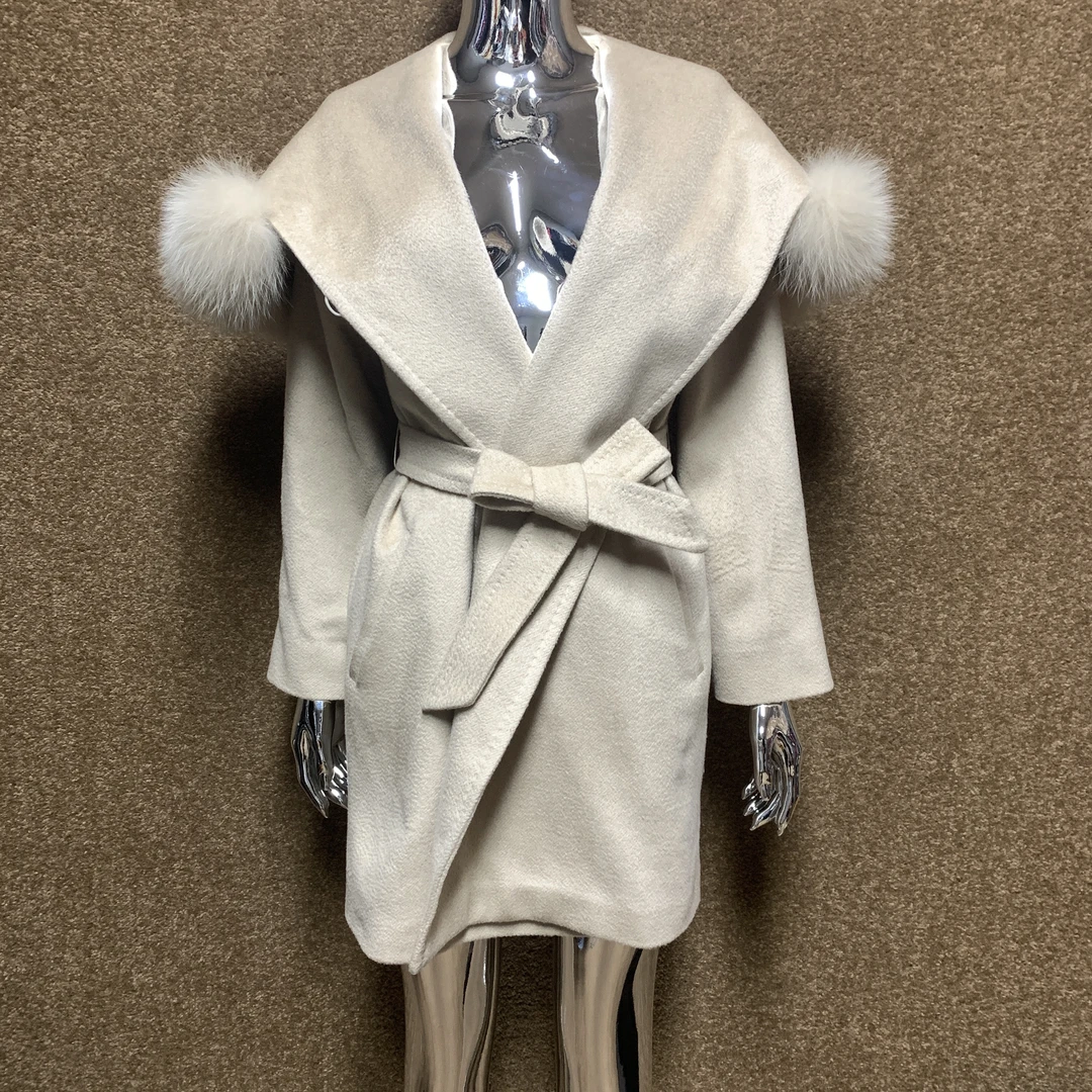 MaxMara 连帽大翻领羊绒大衣/狐狸毛 155码 99新 非专柜原吊