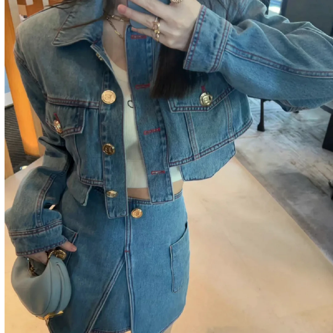 99新 BALMAIN/巴尔曼 牛仔套装裙 34码/70腰围